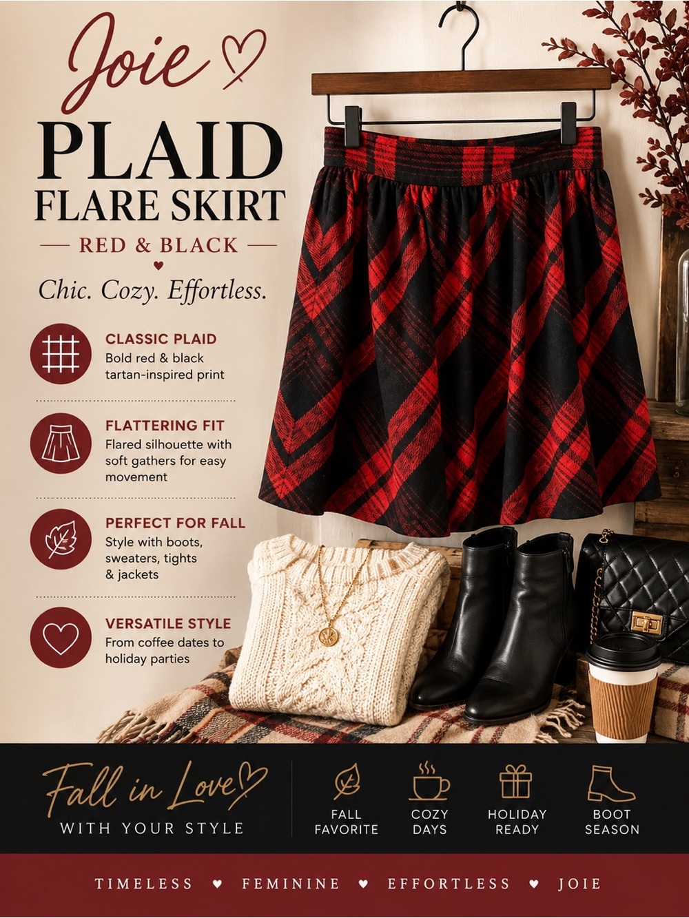 Joie Red Black Plaid Flare Skirt Holiday Fall Academia Style